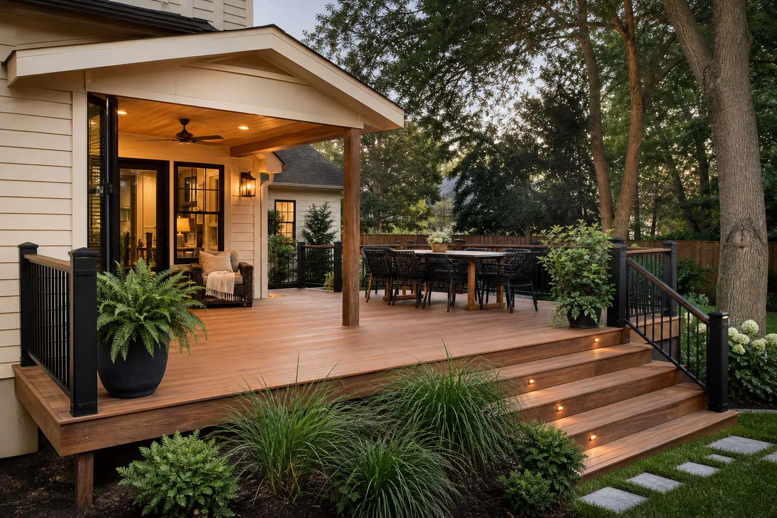 Generated design visualization of a finished backyard deck and covered outdoor dining area