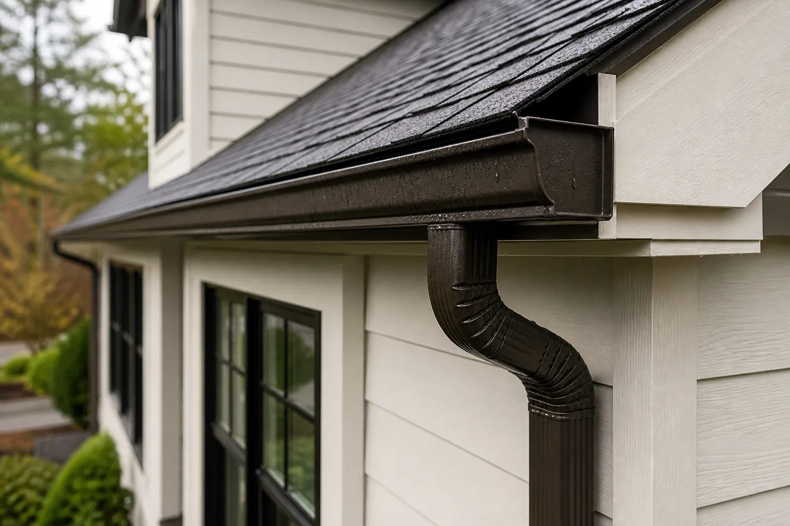 Generated design visualization of a finished gutter and downspout installation