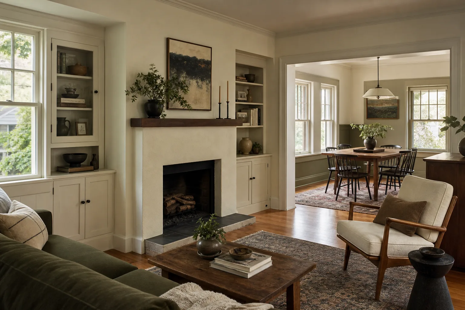 Generated design visualization of a renovated living room with built-ins and a plaster fireplace