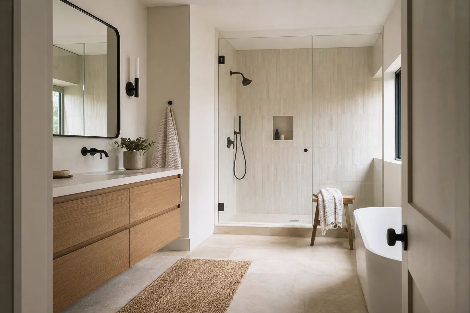Generated design visualization of a serene bathroom with an oak vanity and glass shower