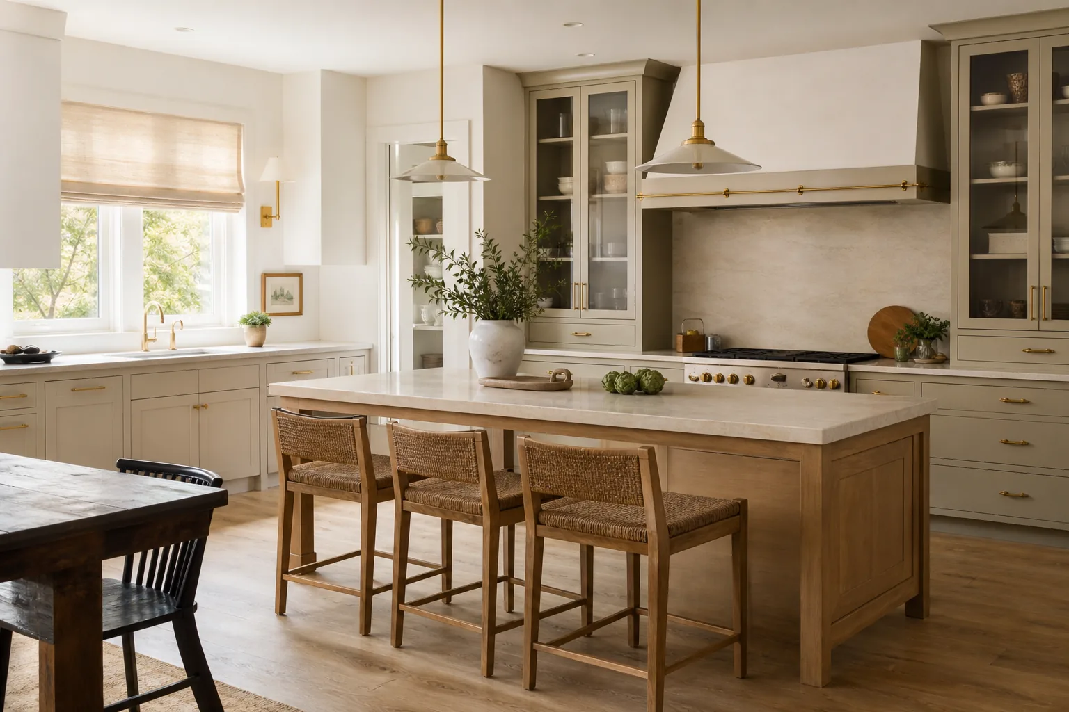 Generated design visualization of a warm modern kitchen with a white-oak island
