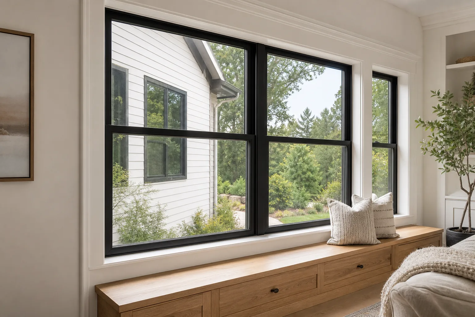 Generated design visualization of black-framed windows and oak finish carpentry